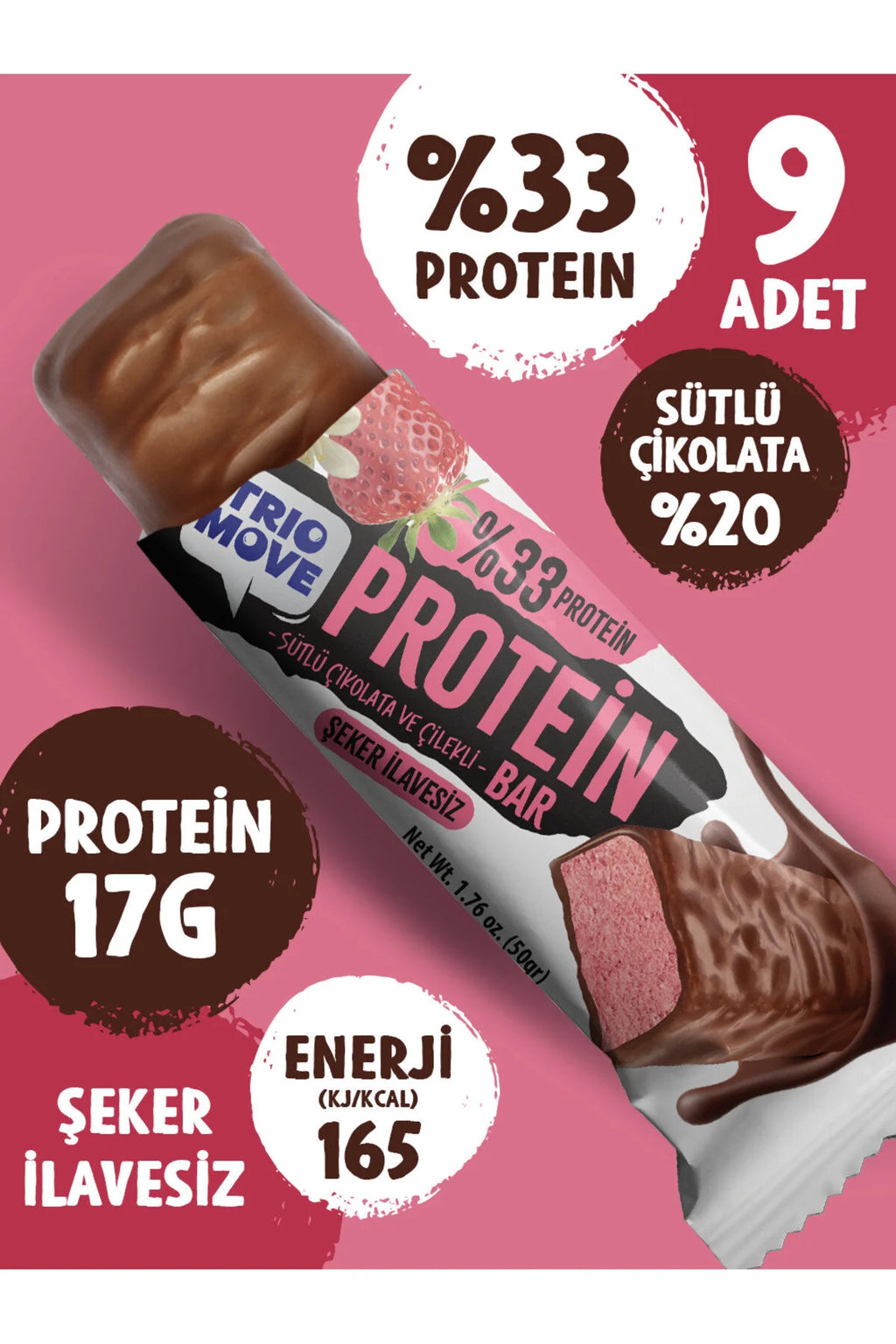 Trio Move %33 Protein Bar 9'lu Kutu - Çilek Aromalı Bar