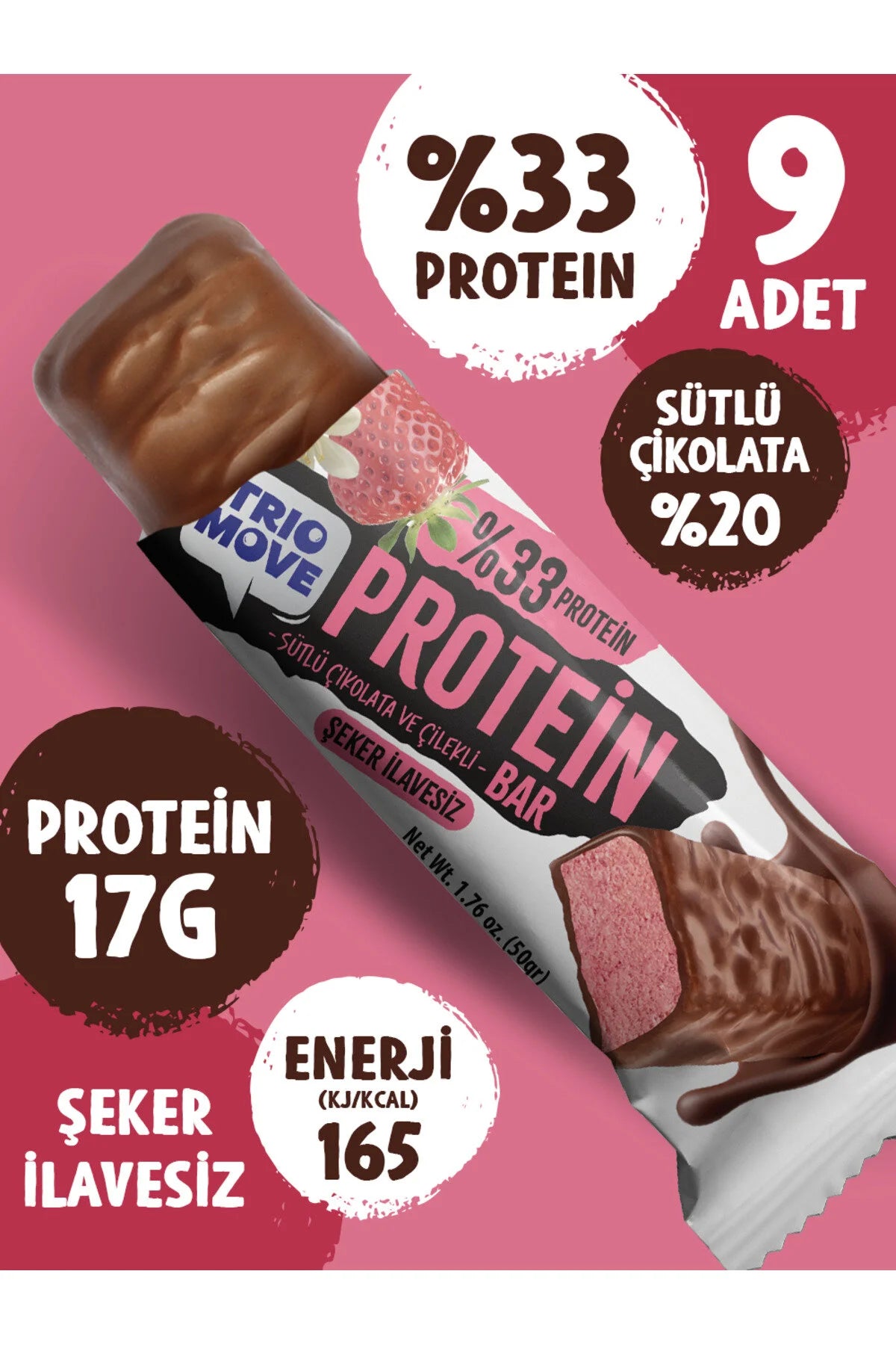 Trio Move %33 Protein Bar 9'lu Kutu - Çilek Aromalı Bar