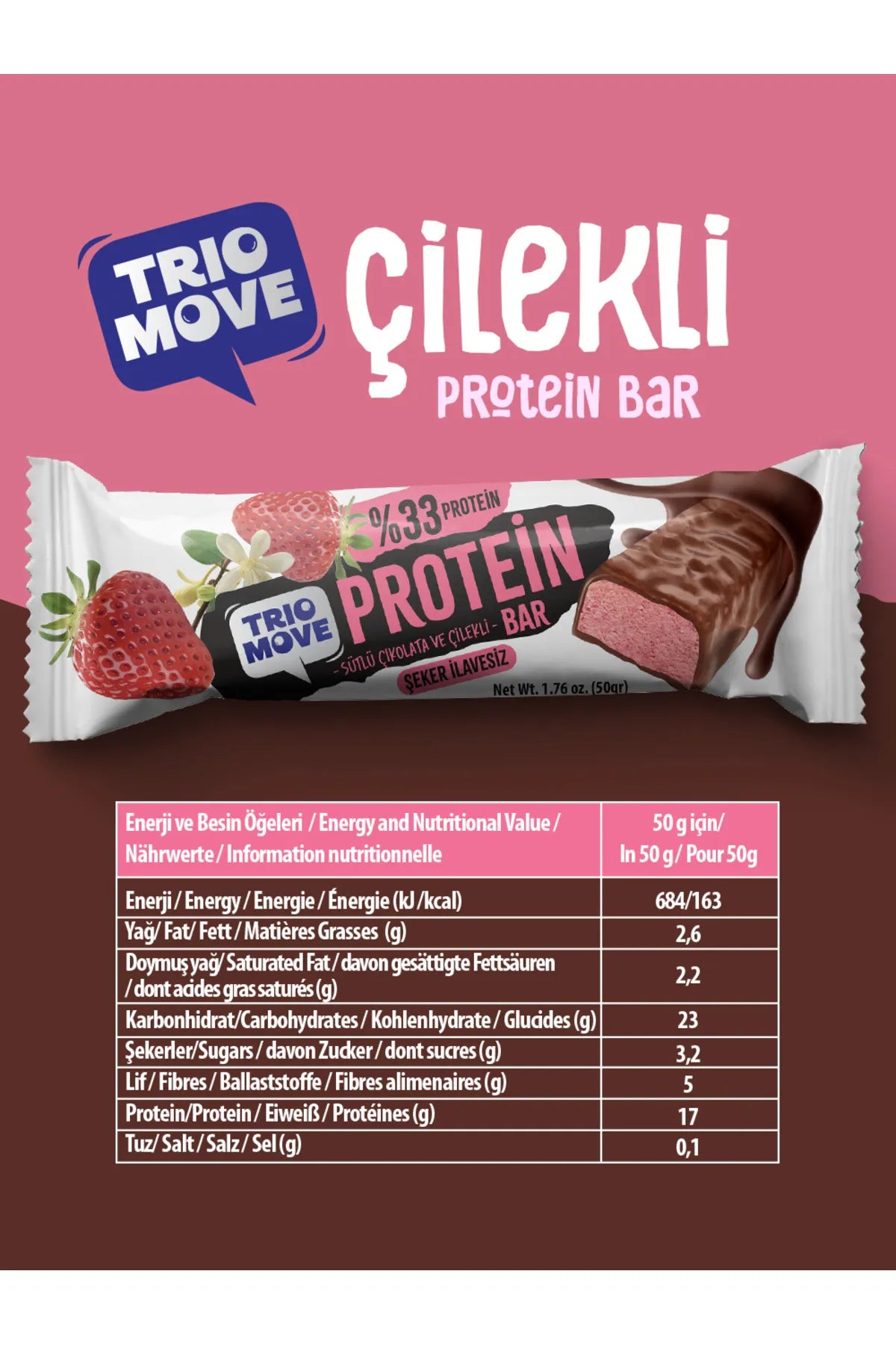 Trio Move %33 Protein Bar Çilek 50g - Yüksek Protein (Tekli)