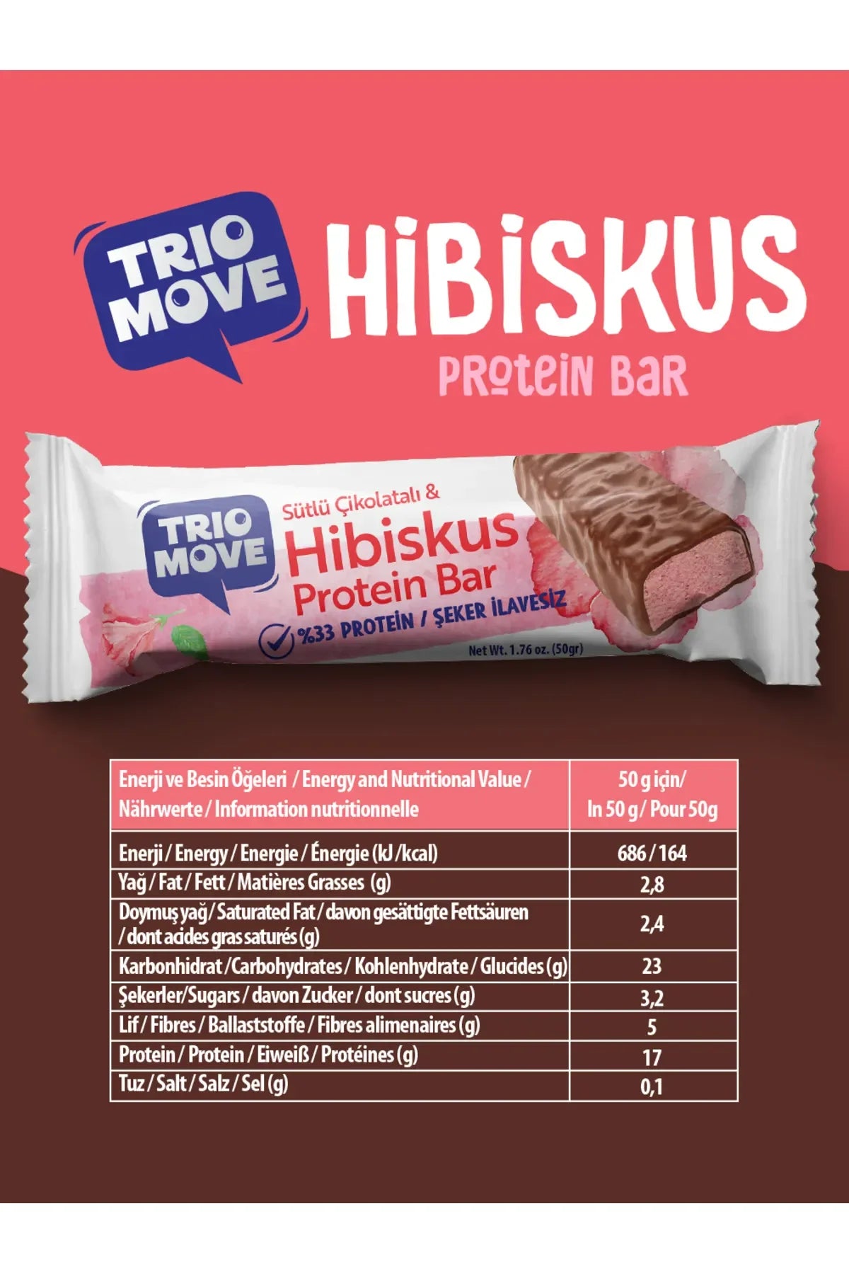 Trio Move %33 Protein Bar Hibiskus 50g - Yüksek Protein (Tekli)