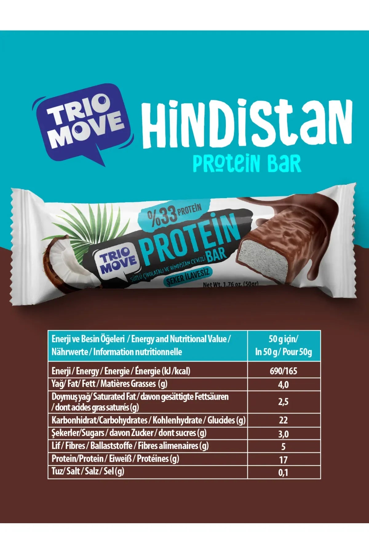 Trio Move %33 Protein Bar Hindistan Cevizli 1 Adet x 50 gram (Tekli)