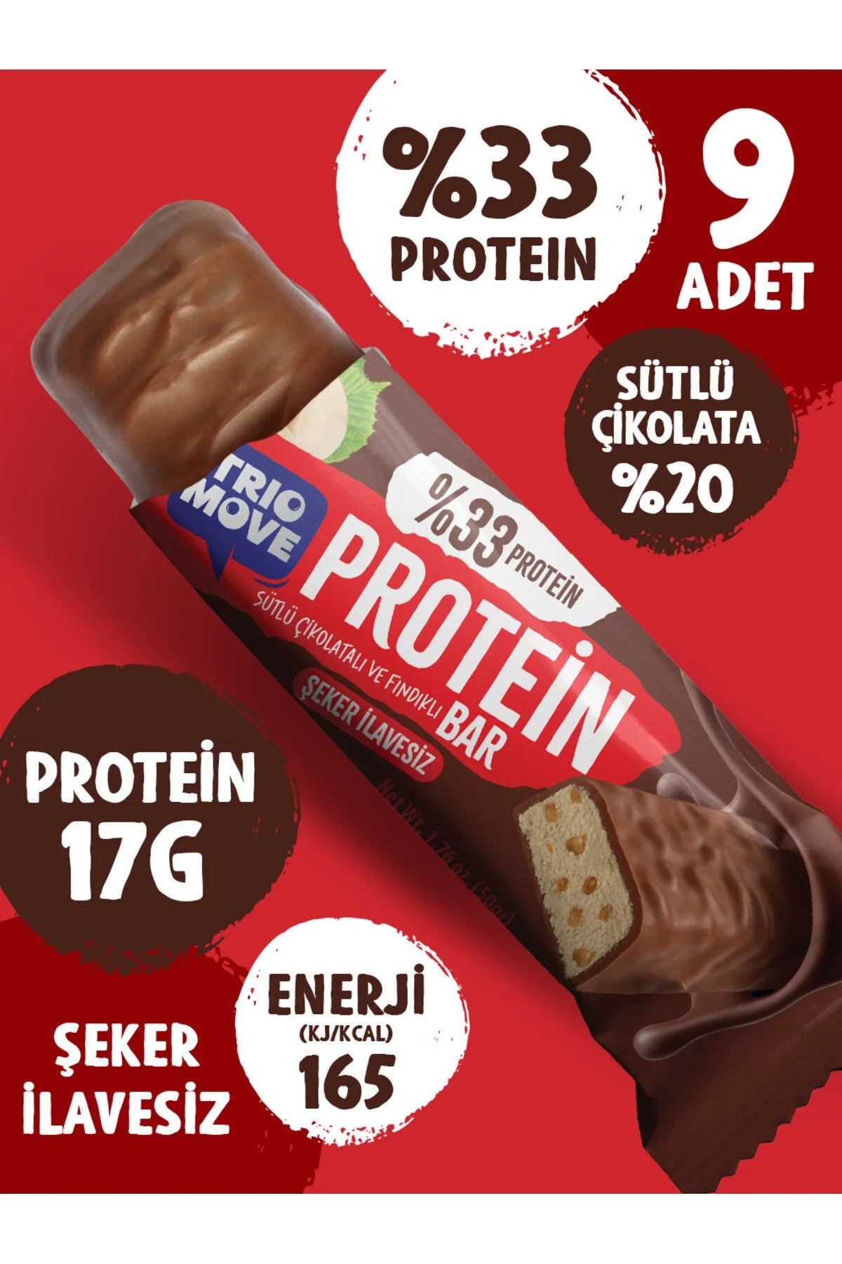 Trio Move %33 Protein Bar Parçacıklı Fındık 9 Adet x 50 gram