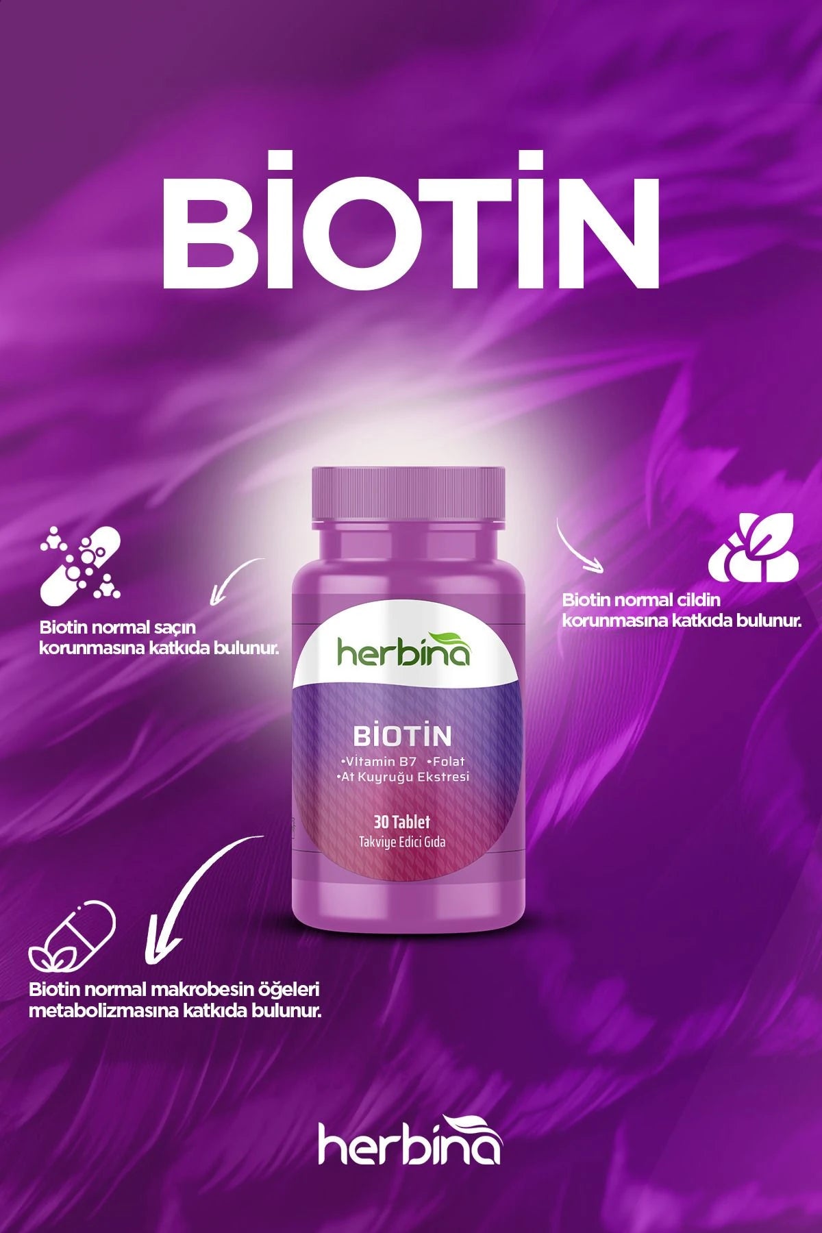 Herbina Biotin 5000mcg At Kuyruğu Ekstresi 30 Tablet Ürün ikincil görseli