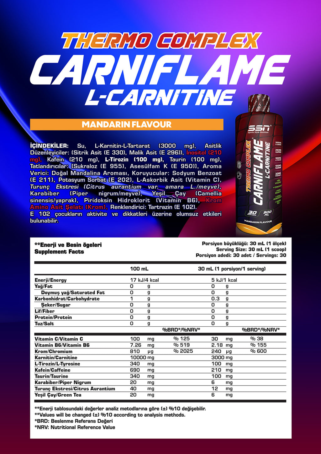 SSN Carniflame 3000mg L-Karnitin 900ml Mandalina Aromalı Carnitine