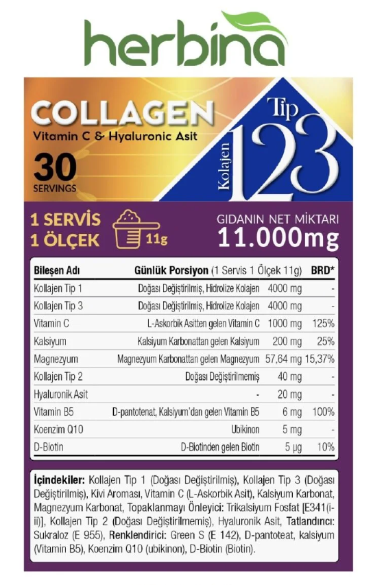 Herbina Tip 1-2-3 Kolajen Karışım Kivi Aromalı Şase (30lu Kutu) Ürün ikincil görseli