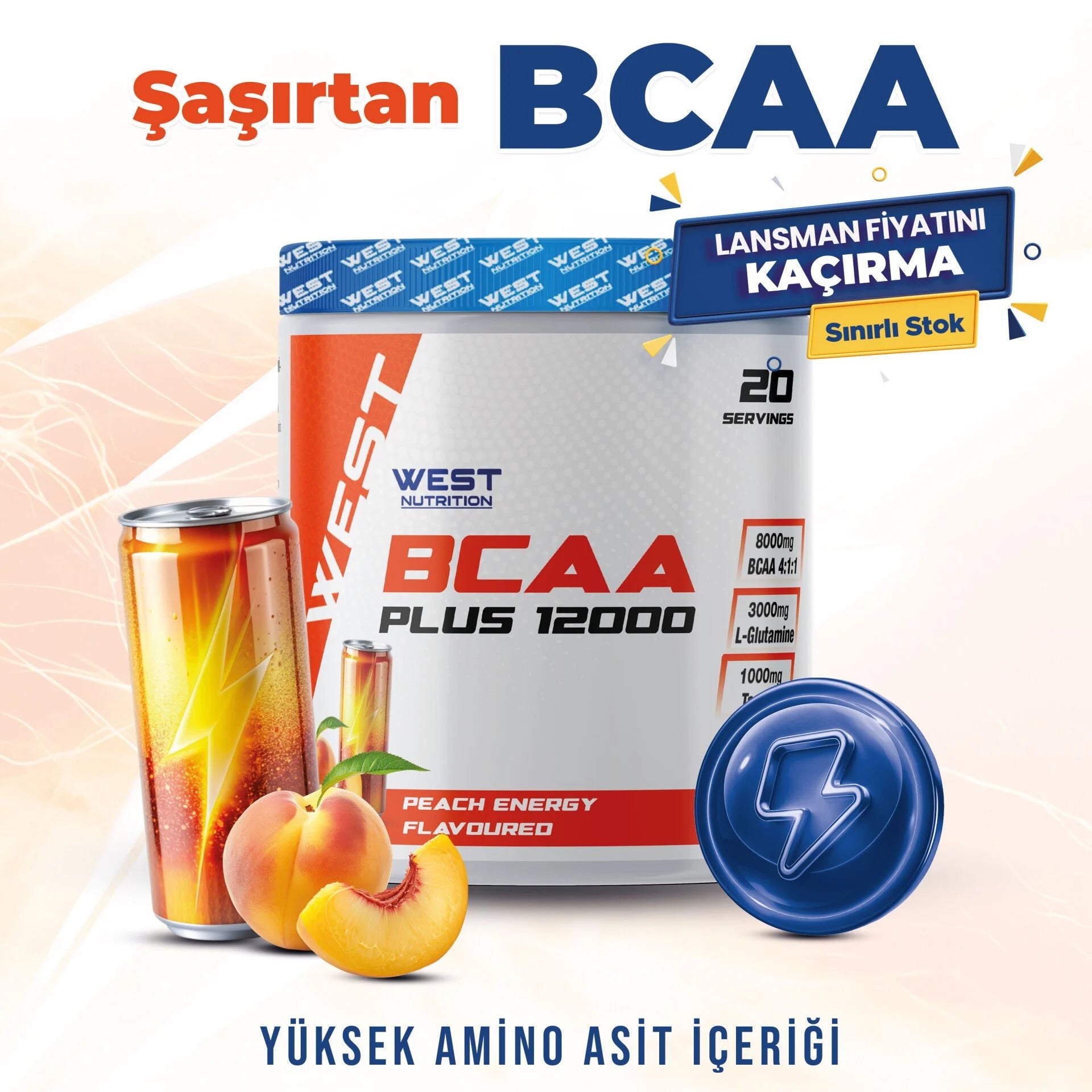 West BCAA Plus 12000 Glutamin Taurin 300g Şeftali Enerji Aromalı Kompleks Amino Ürün ikincil görseli