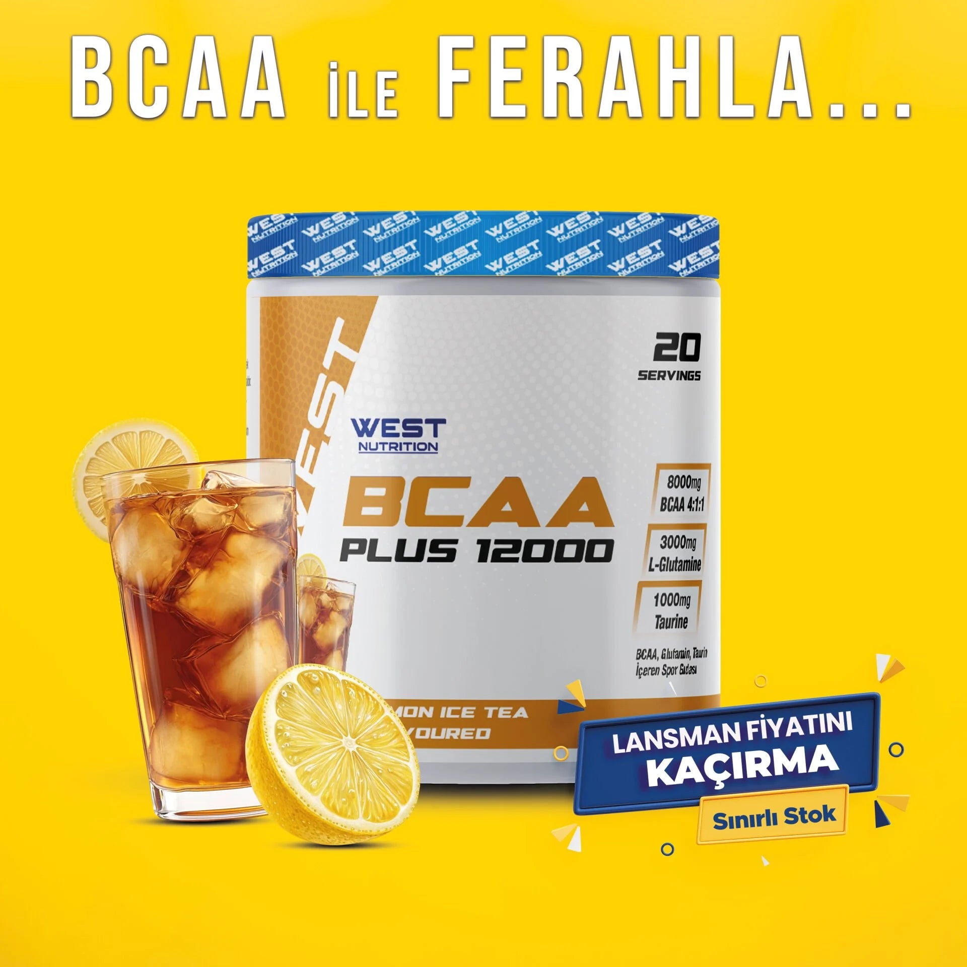 West BCAA Plus 12000 Glutamin Taurin 300g Ice Tea Limon Aromalı Kompleks Amino Ürün ikincil görseli