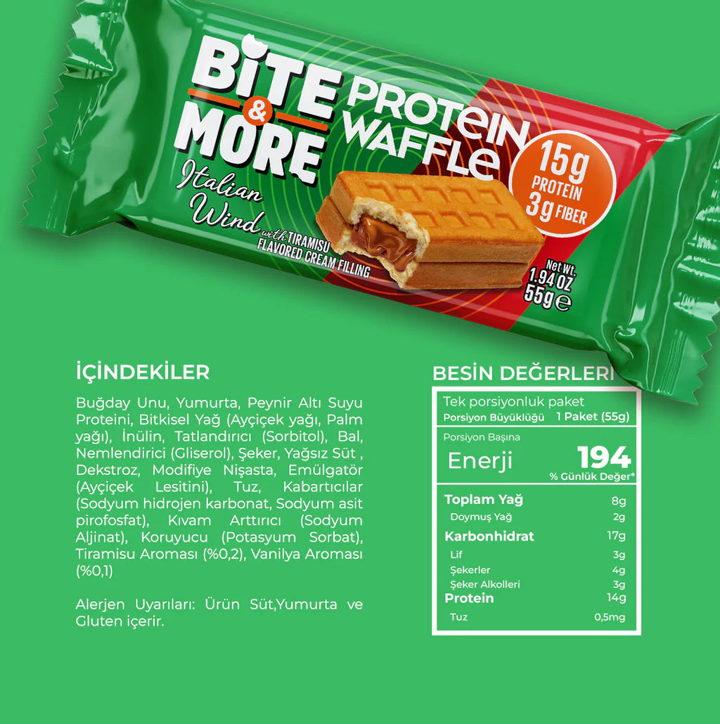 Bite & More Italian Wind Protein Waffle 55g - Tiramisu Aromalı (Tekli)