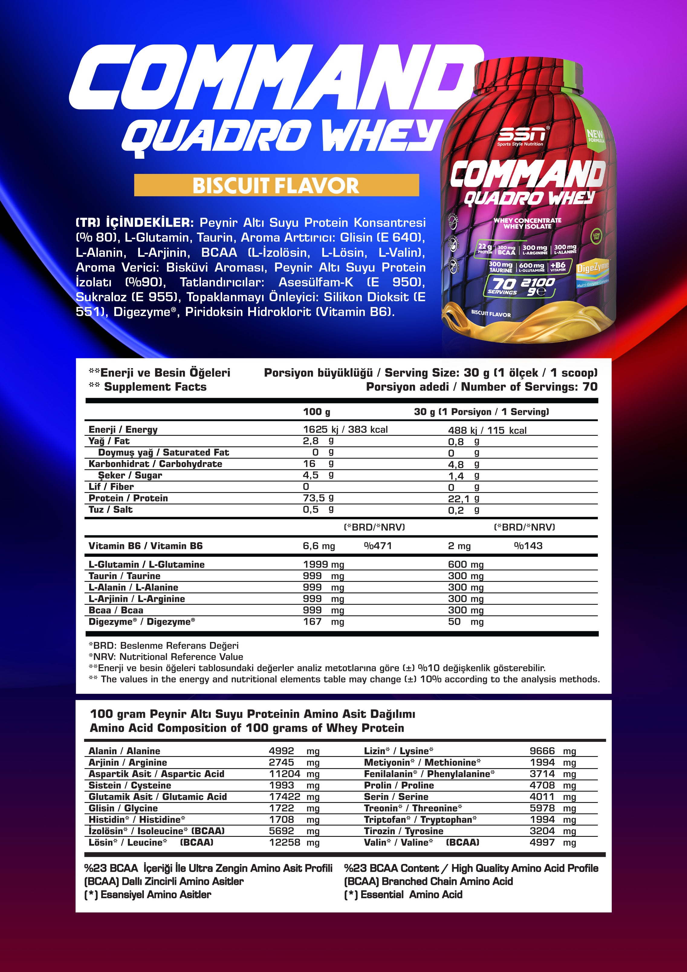 SSN Sports Style Nutrition Command Quadro Whey 2100 Gr (Bisküvili) Protein Tozu