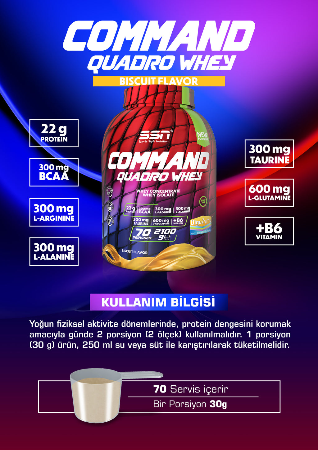 SSN Command Quadro Whey 2100g - Bisküvi Aromalı Protein Tozu
