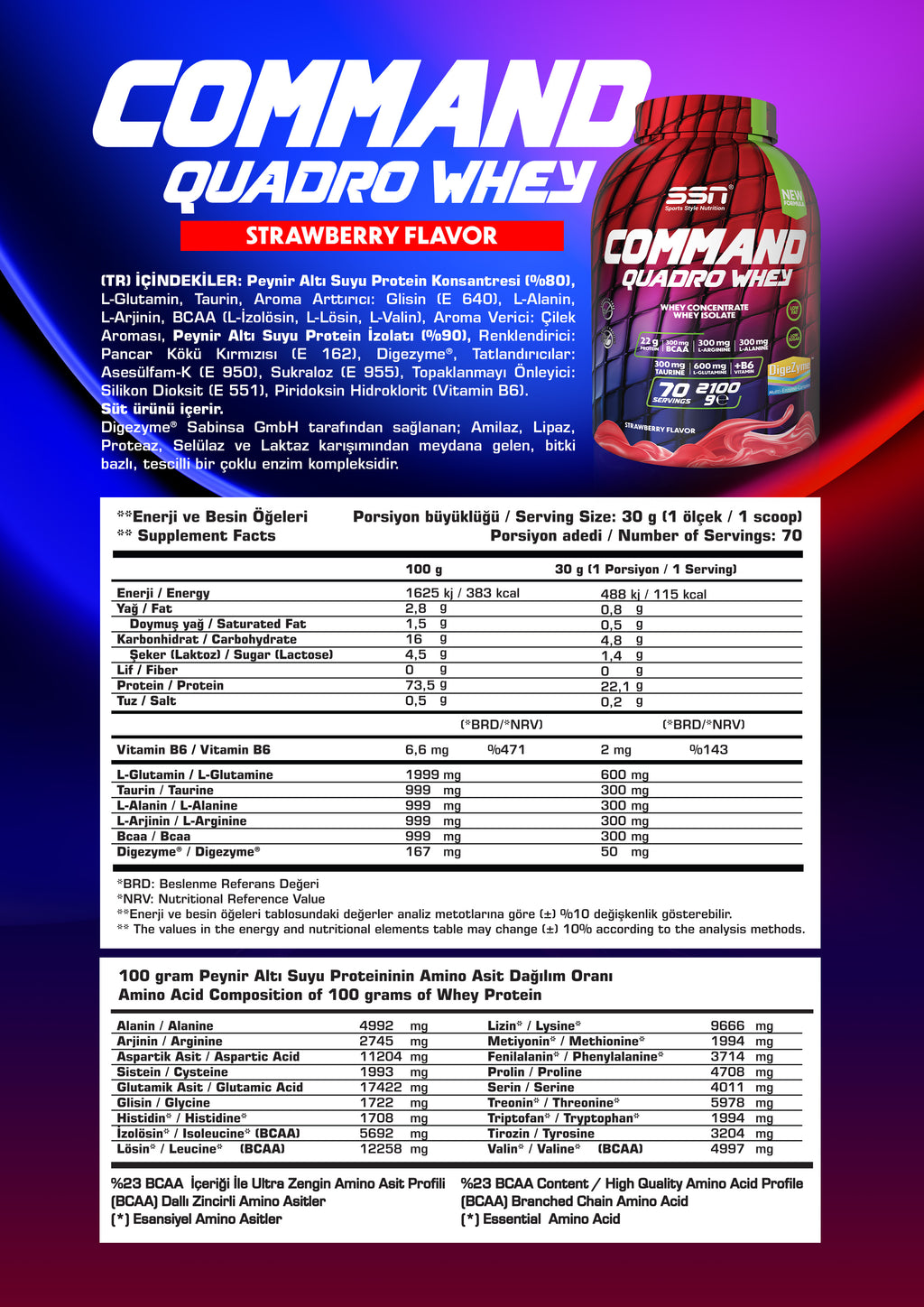 SSN Command Quadro Whey 2100g - Çilek Aromalı Protein Tozu