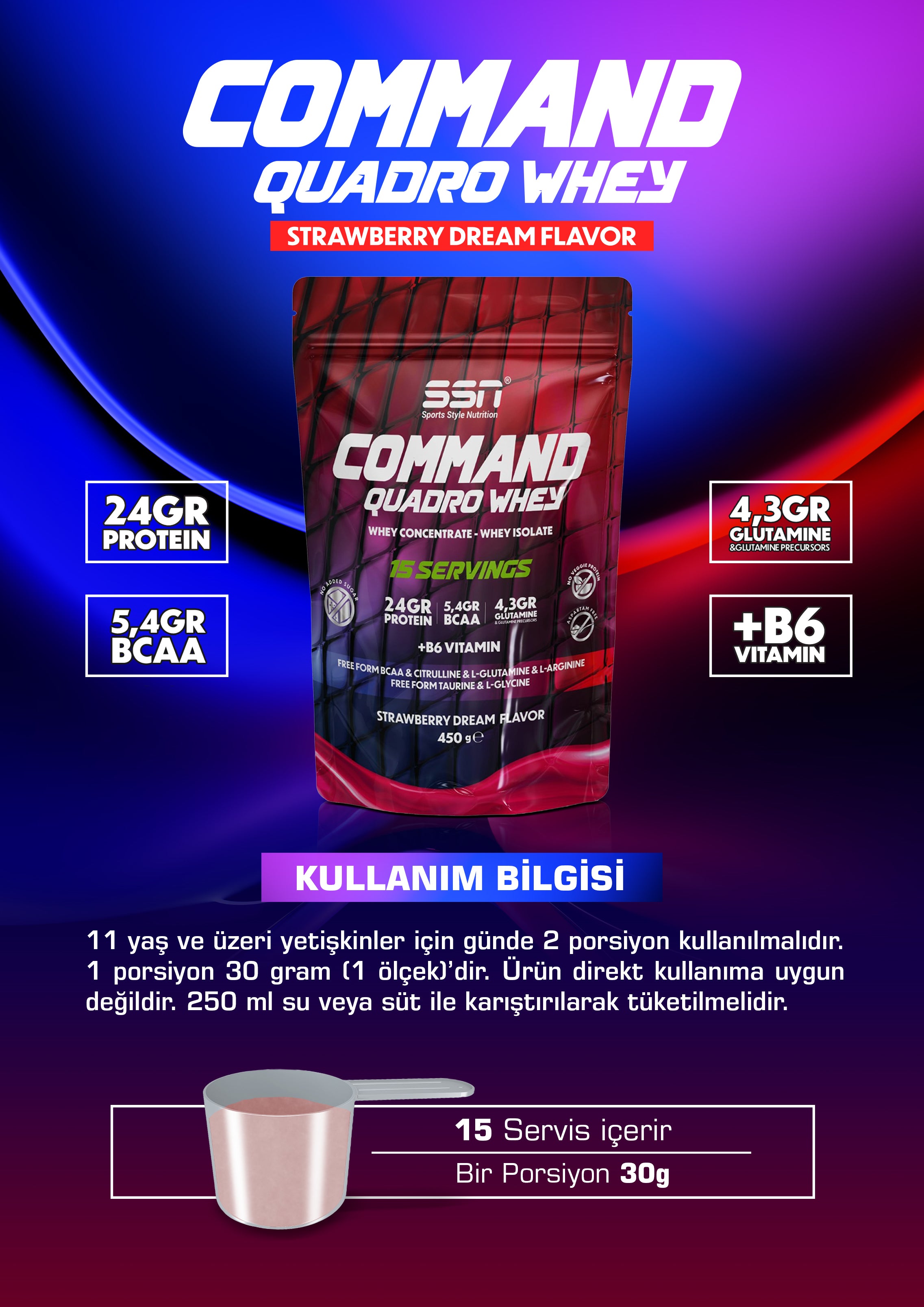 SSN Command Quadro Whey 450g - Çilek Aromalı Protein Tozu (Doypack)