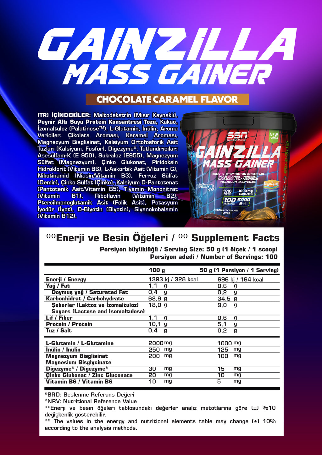 SSN Gainzilla Mass Gainer 5000g Çikolata ve Karamel Aromalı Karbonhidrat