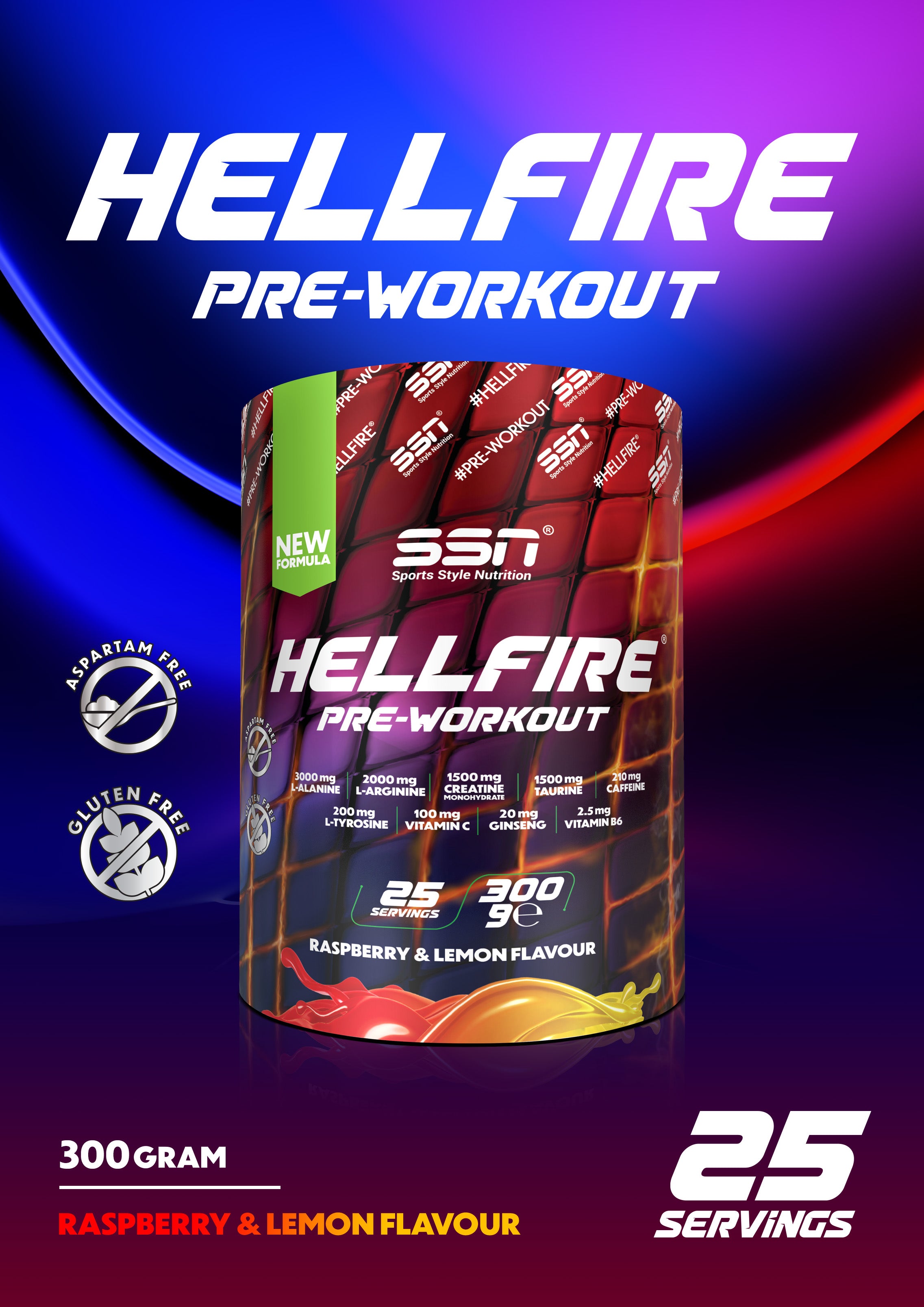 SSN HellFire Pre-Workout 300g - Raspberry Lemon Flavor Secondary image