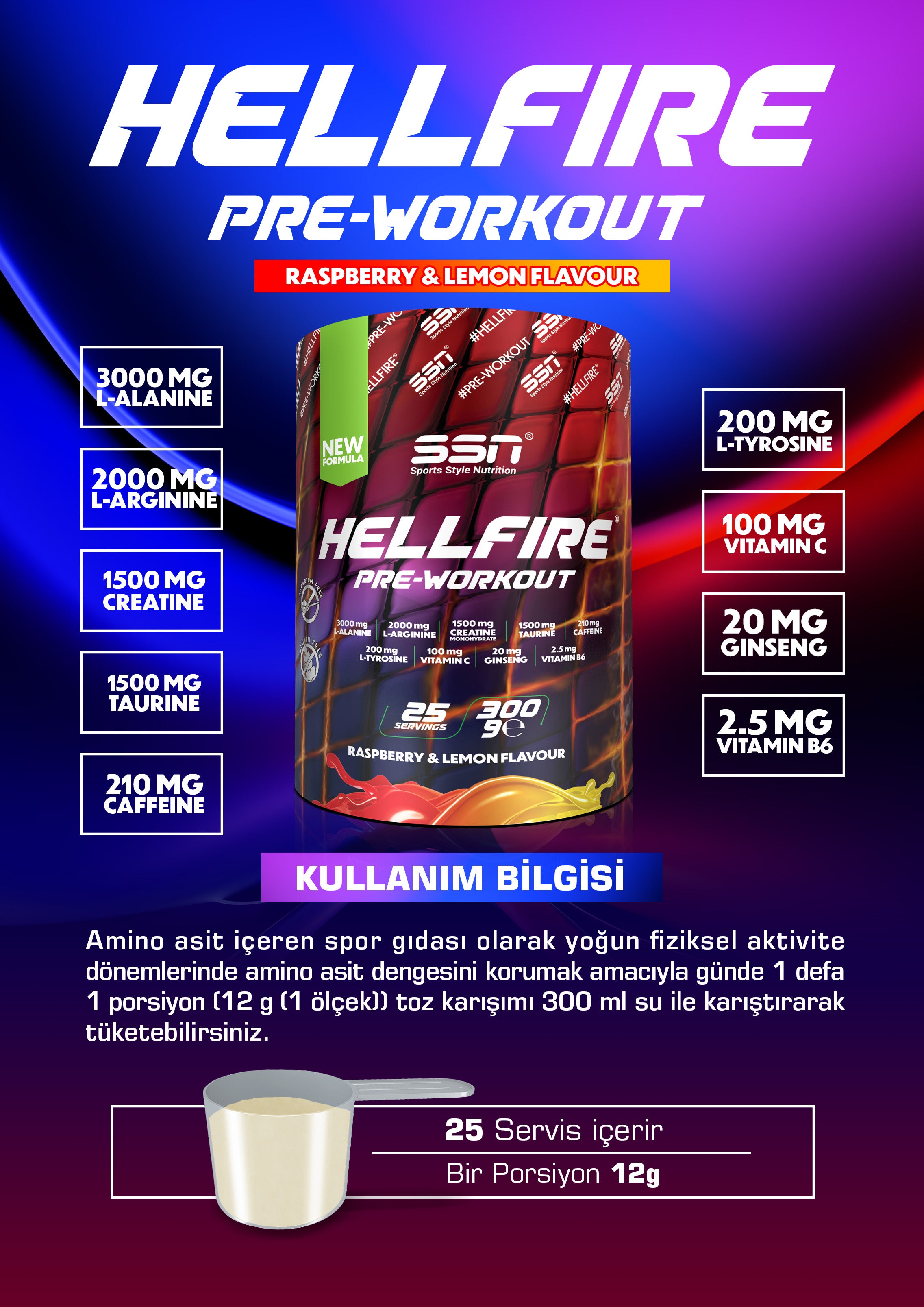 SSN HellFire Pre-Workout 300g - Ahududu Limon Aromalı