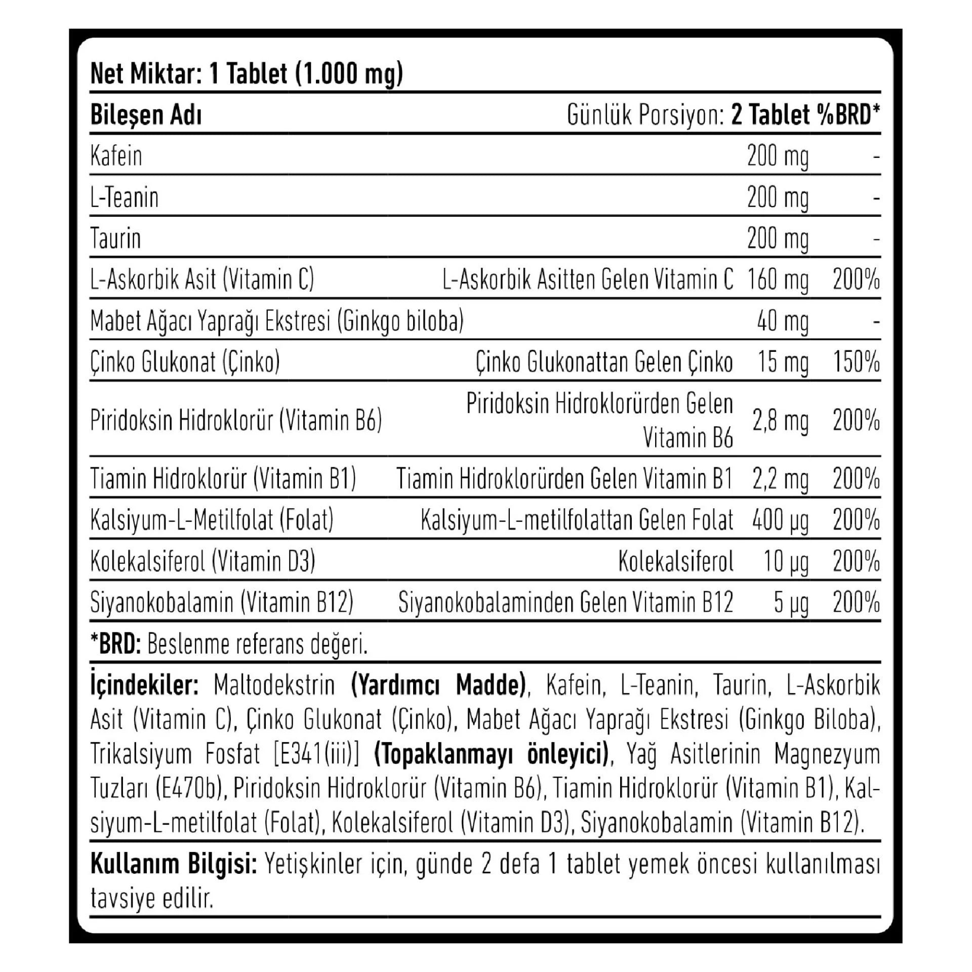 Herbina Triple Effect Kafein L-Teanin Taurin 60 Tablet Ürün ikincil görseli