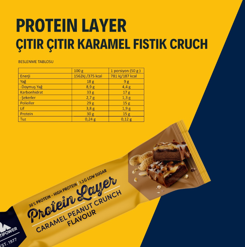 Multipower Protein Layer Karamel ve Yer Fıstıklı Protein Bar 50g (Tekli)