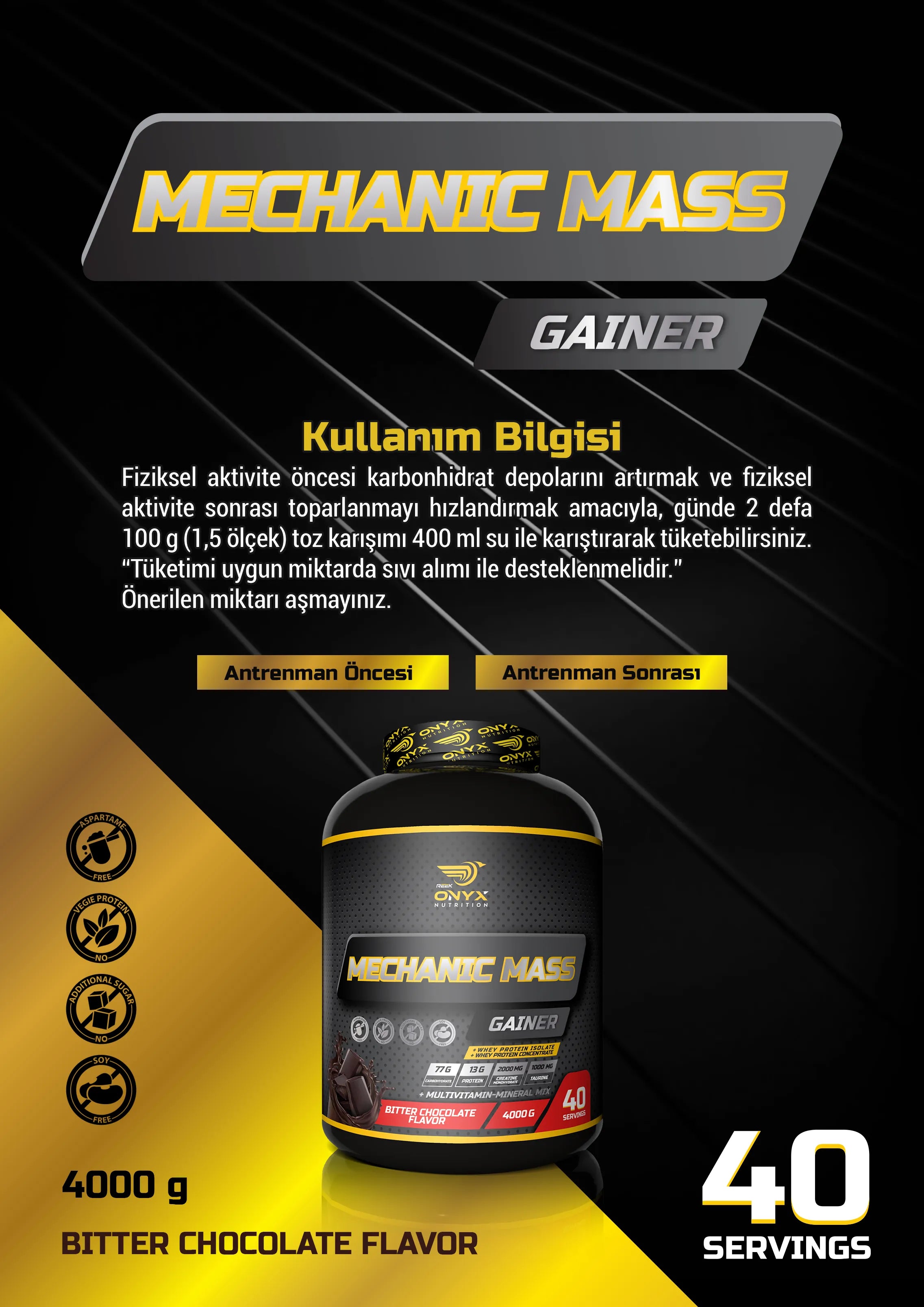 ONYX Nutrition Mechanic Mass Gainer 4000 Gr (Çikolata) Karbonhidrat Kilo Aldırıcı