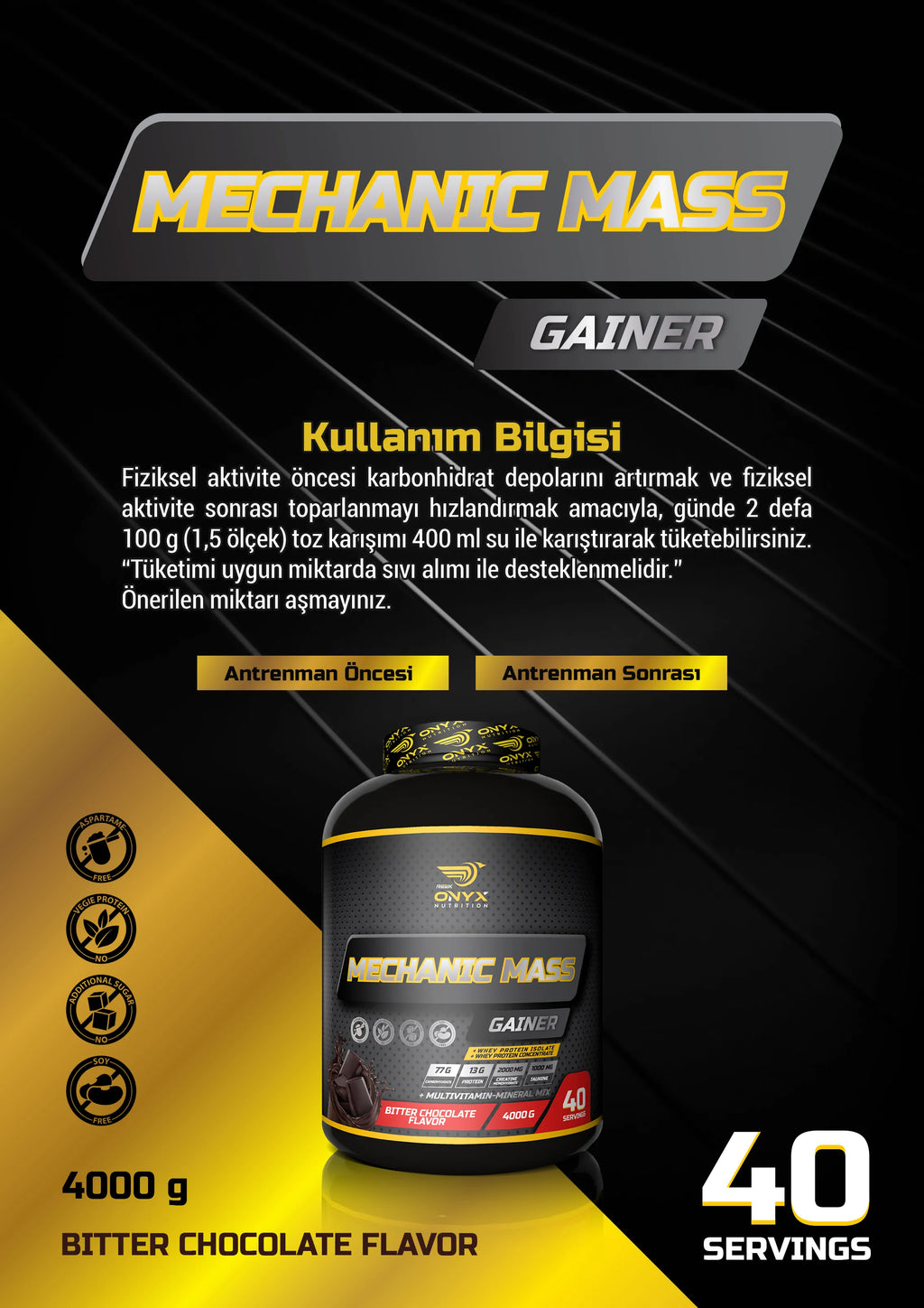 ONYX Mechanic Gainer 4000g - Çikolatalı Karbonhidrat (Kilo Aldırıcı)