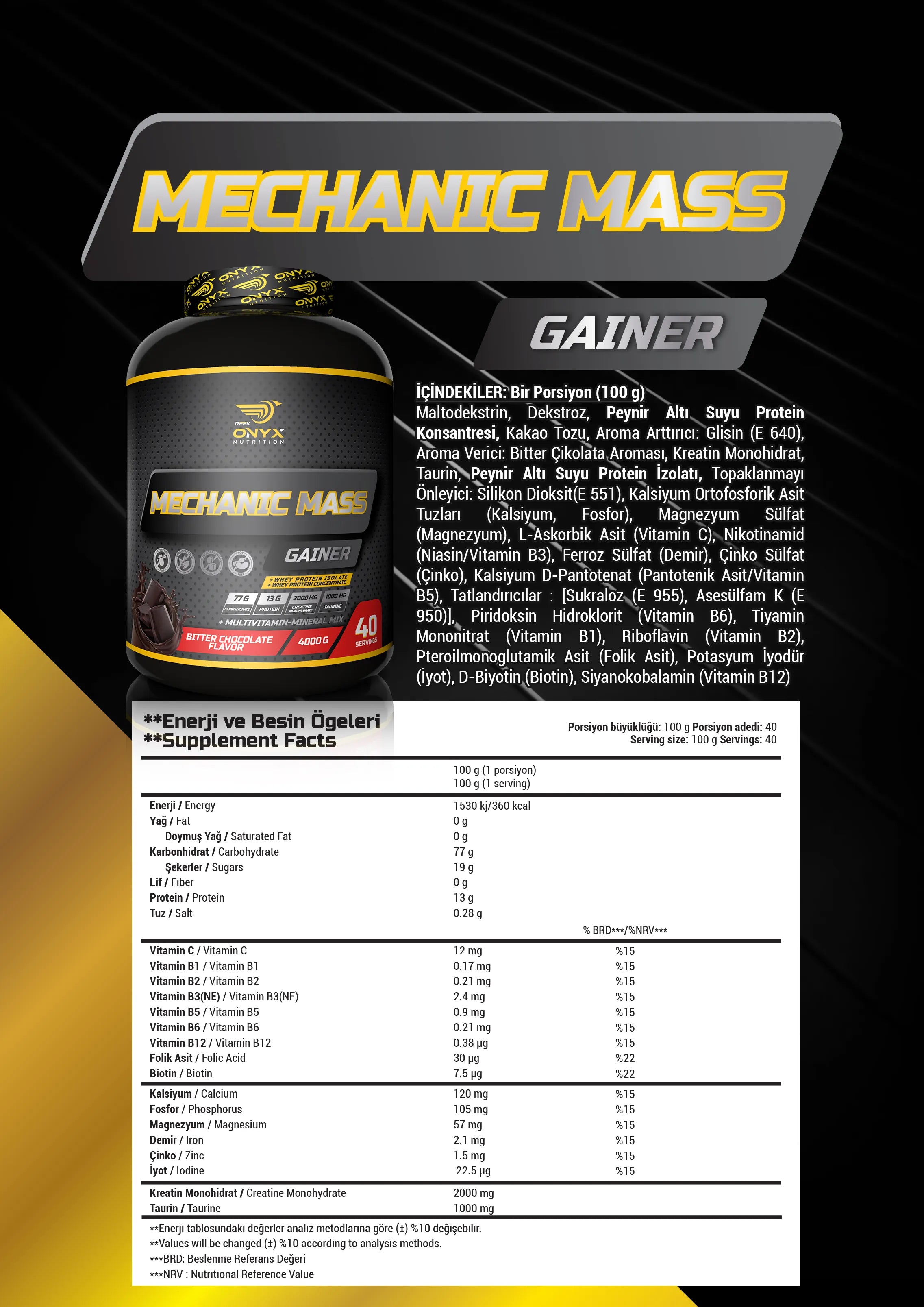 ONYX Nutrition Mechanic Mass Gainer 4000 Gr (Çikolata) Karbonhidrat Kilo Aldırıcı