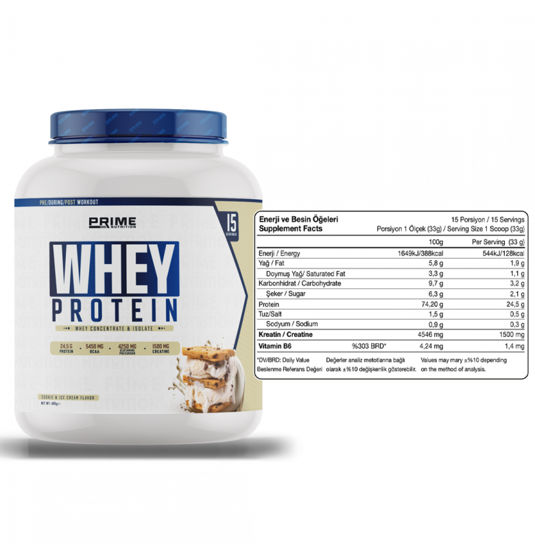 Prime Nutrition Whey Protein 495g Kurabiyeli Dondurma Aromalı Protein Tozu