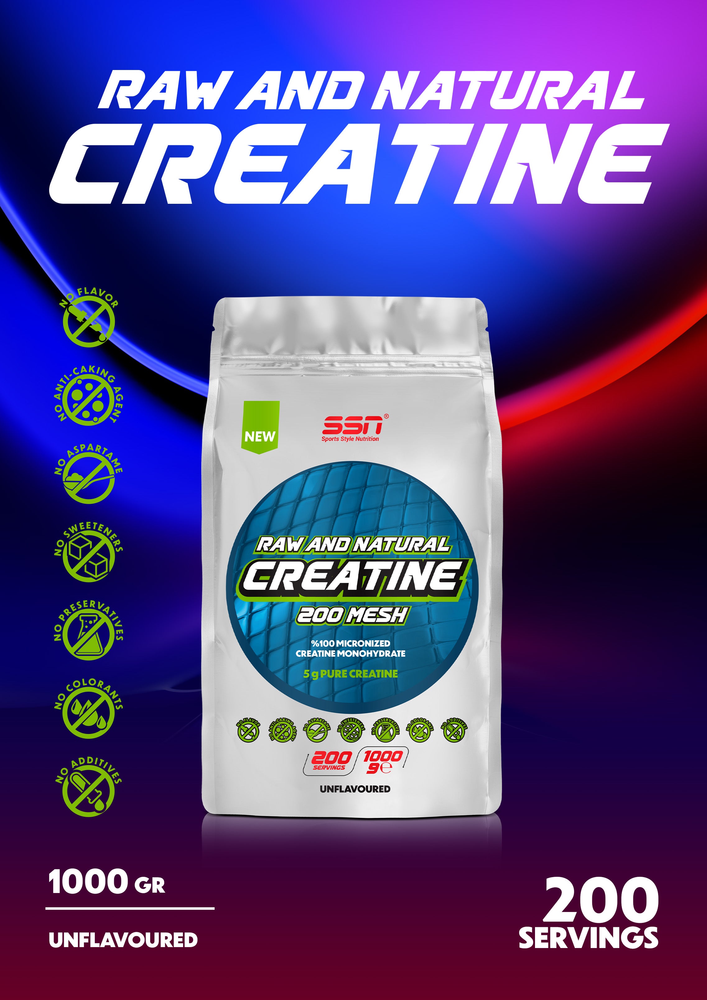 SSN Kreatin 1000g Aromasız 200 Servis Raw and Natural Creatine Ürün ikincil görseli