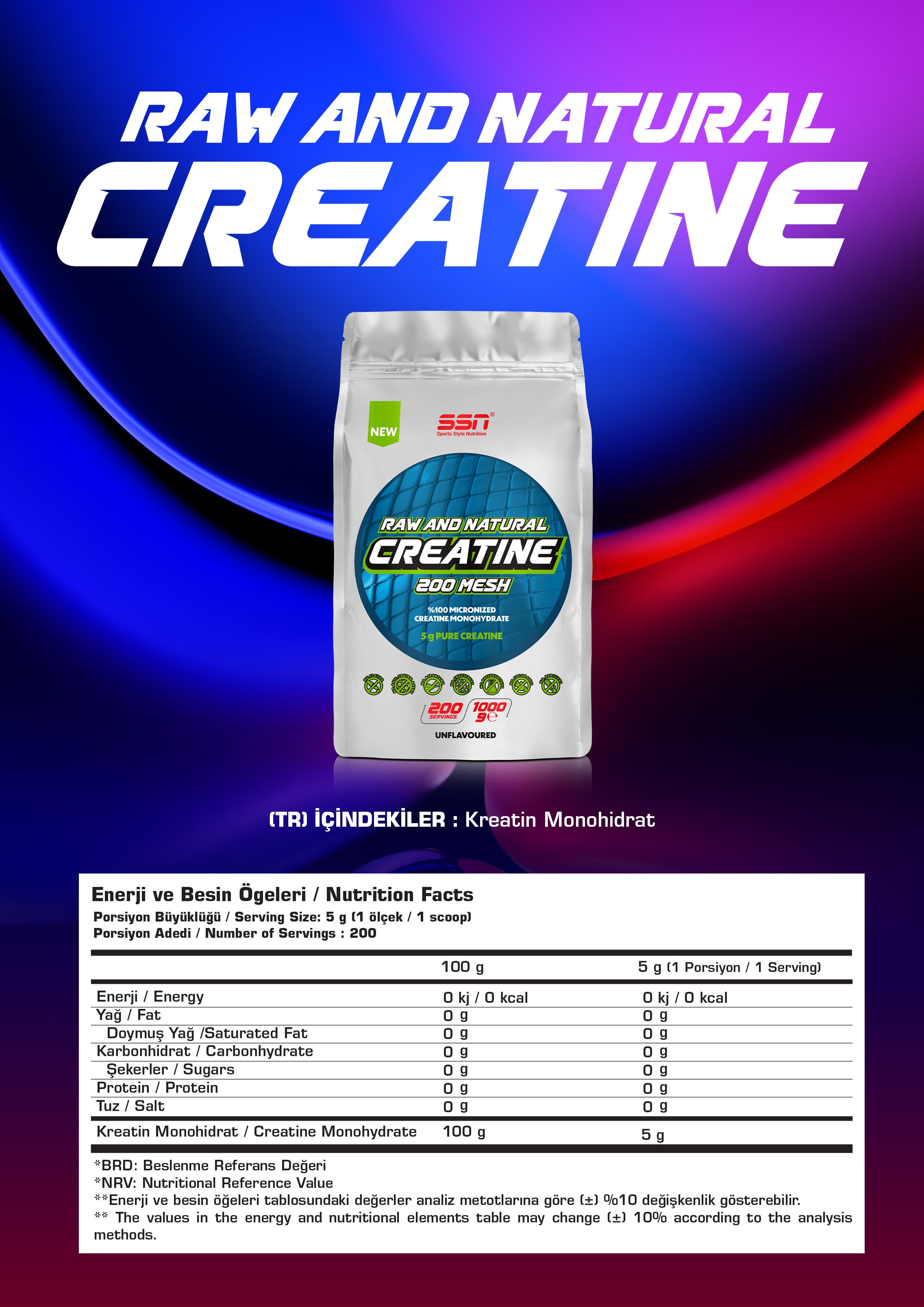 SSN Sports Style Nutrition Raw and Natural Creatine 1000 gram - 200 Servis Aromasız Kreatin