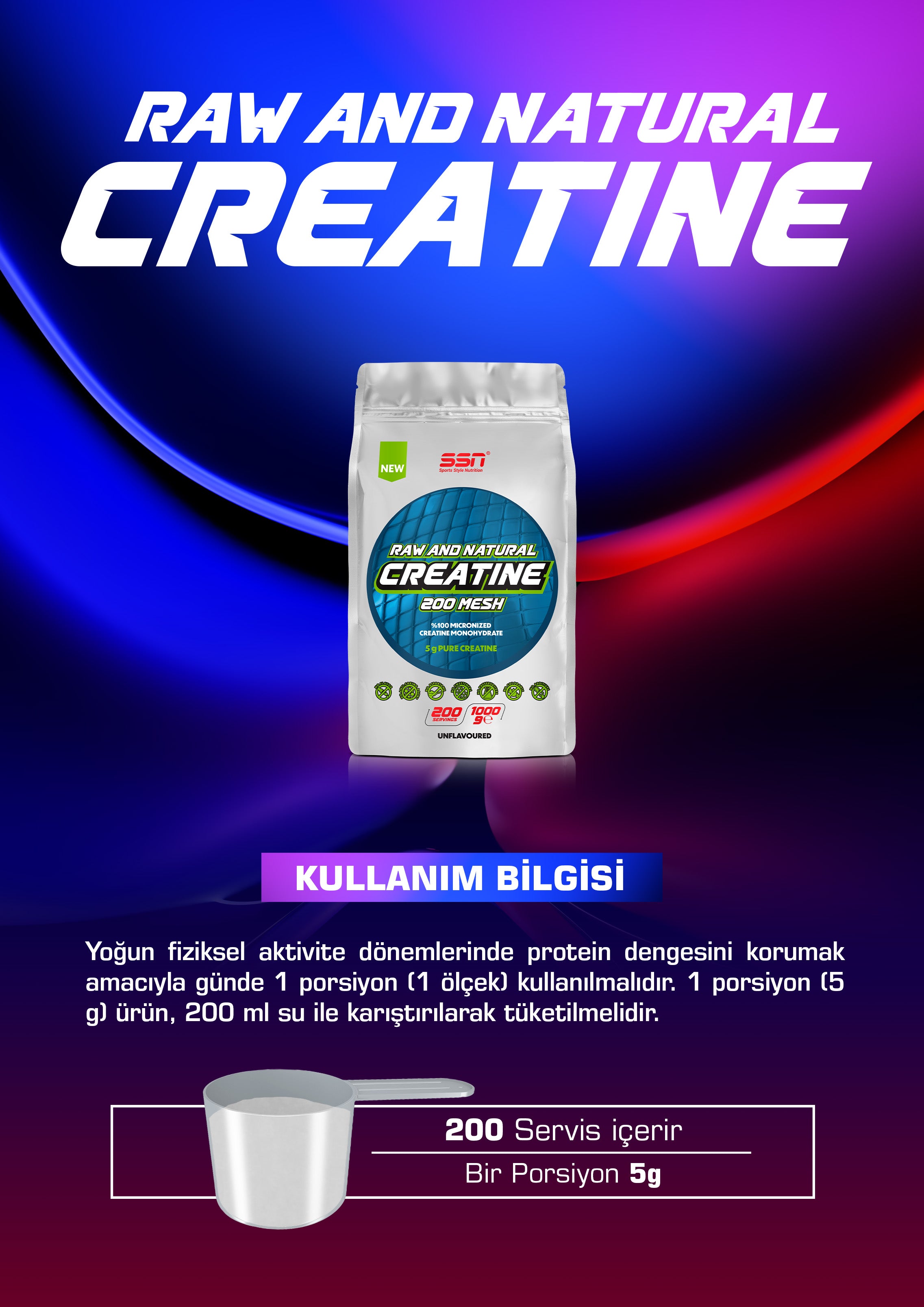 SSN Sports Style Nutrition Raw and Natural Creatine 1000 gram - 200 Servis Aromasız Kreatin