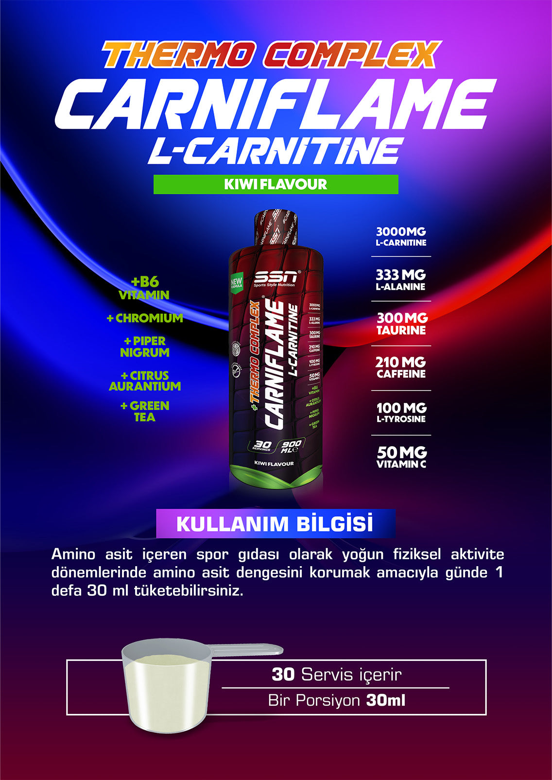 SSN Sports Style Nutrition Carniflame 3000 Mg 900 Ml (Kivi) L-Karnitin