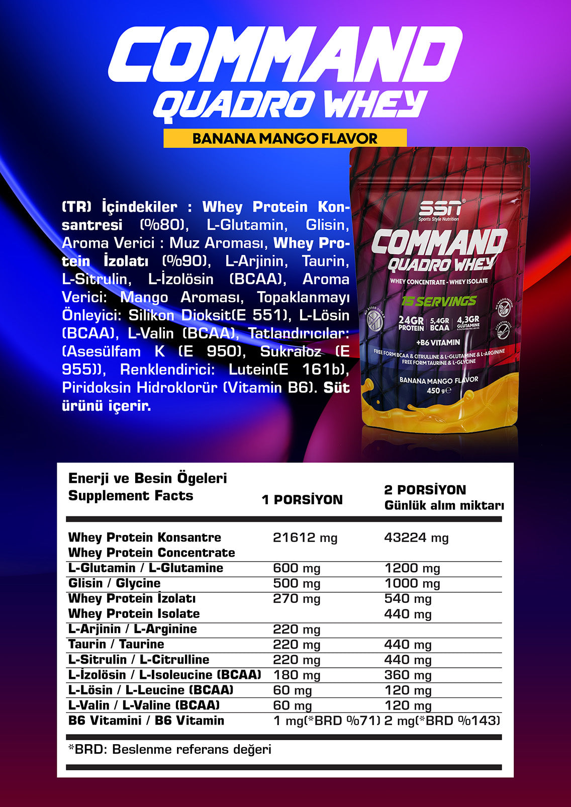 SSN Sports Style Nutrition Command Quadro Whey 450 Gr Doypack (Muz-Mango) Protein Tozu