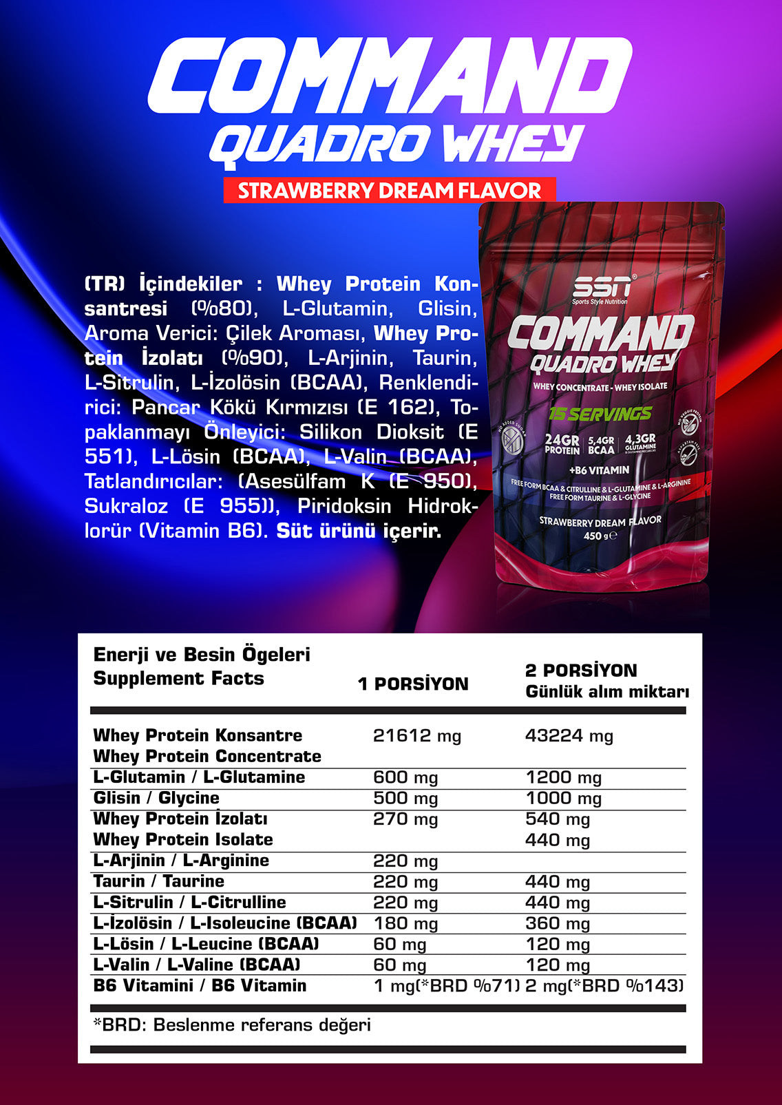 SSN Sports Style Nutrition Command Quadro Whey 450 Gr Doypack (Çilek) Protein Tozu