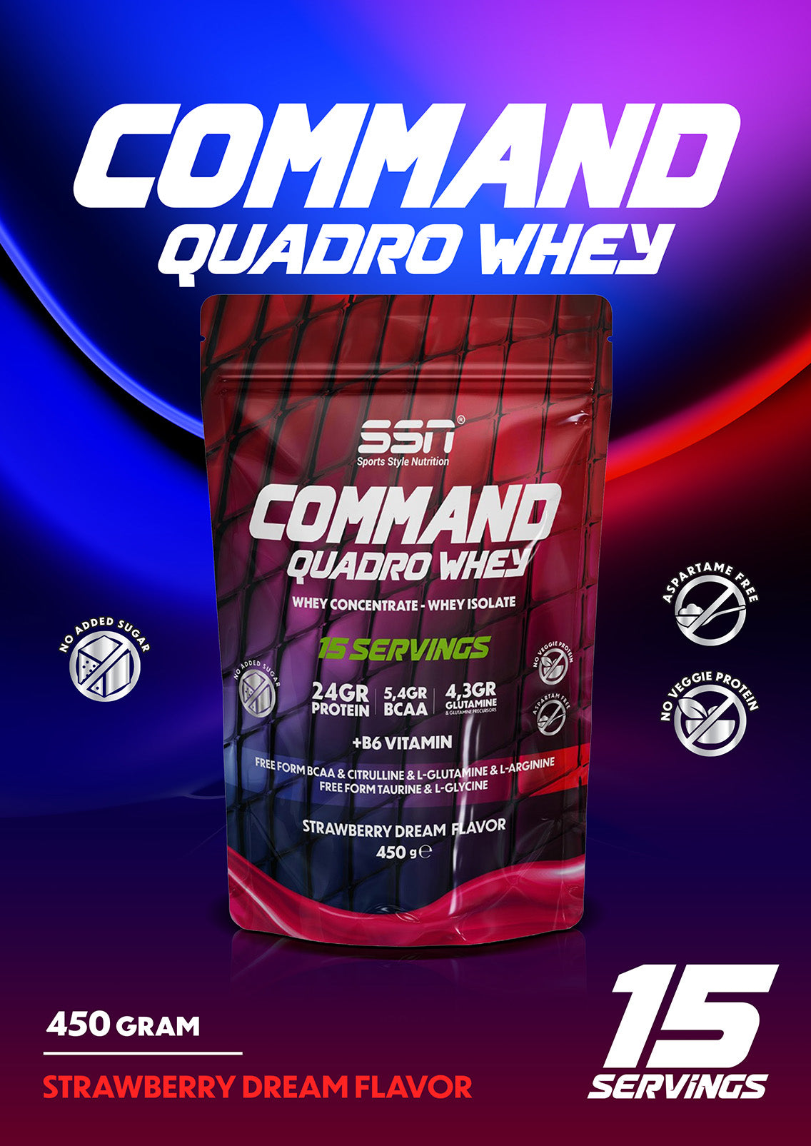 SSN Sports Style Nutrition Command Quadro Whey 450 Gr Doypack (Çilek) Protein Tozu