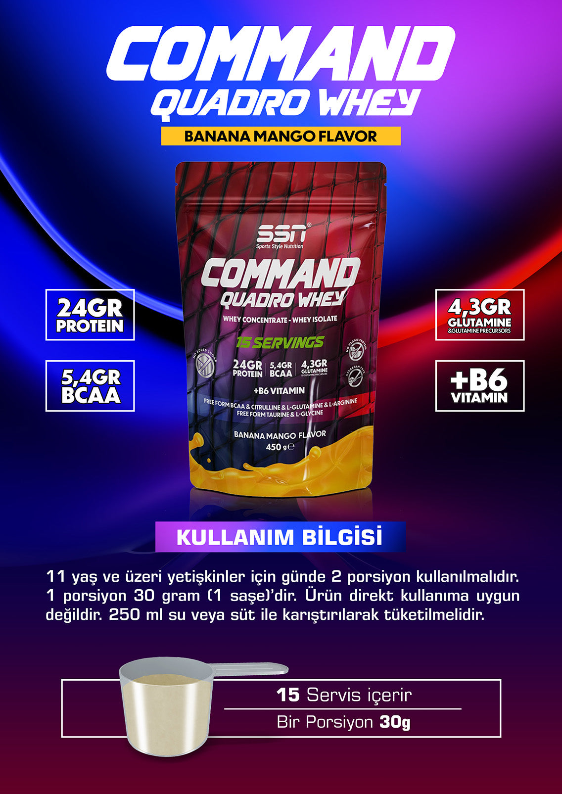 SSN Sports Style Nutrition Command Quadro Whey 450 Gr Doypack (Muz-Mango) Protein Tozu