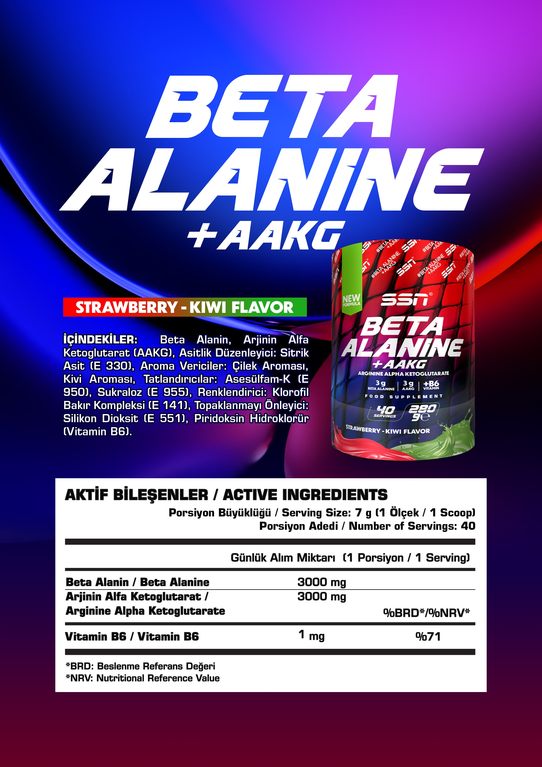 SSN BETA ALANIN REFUEL + AAKG Çilek- Kivi Aromalı Takviye Edici Gıda 280 gram