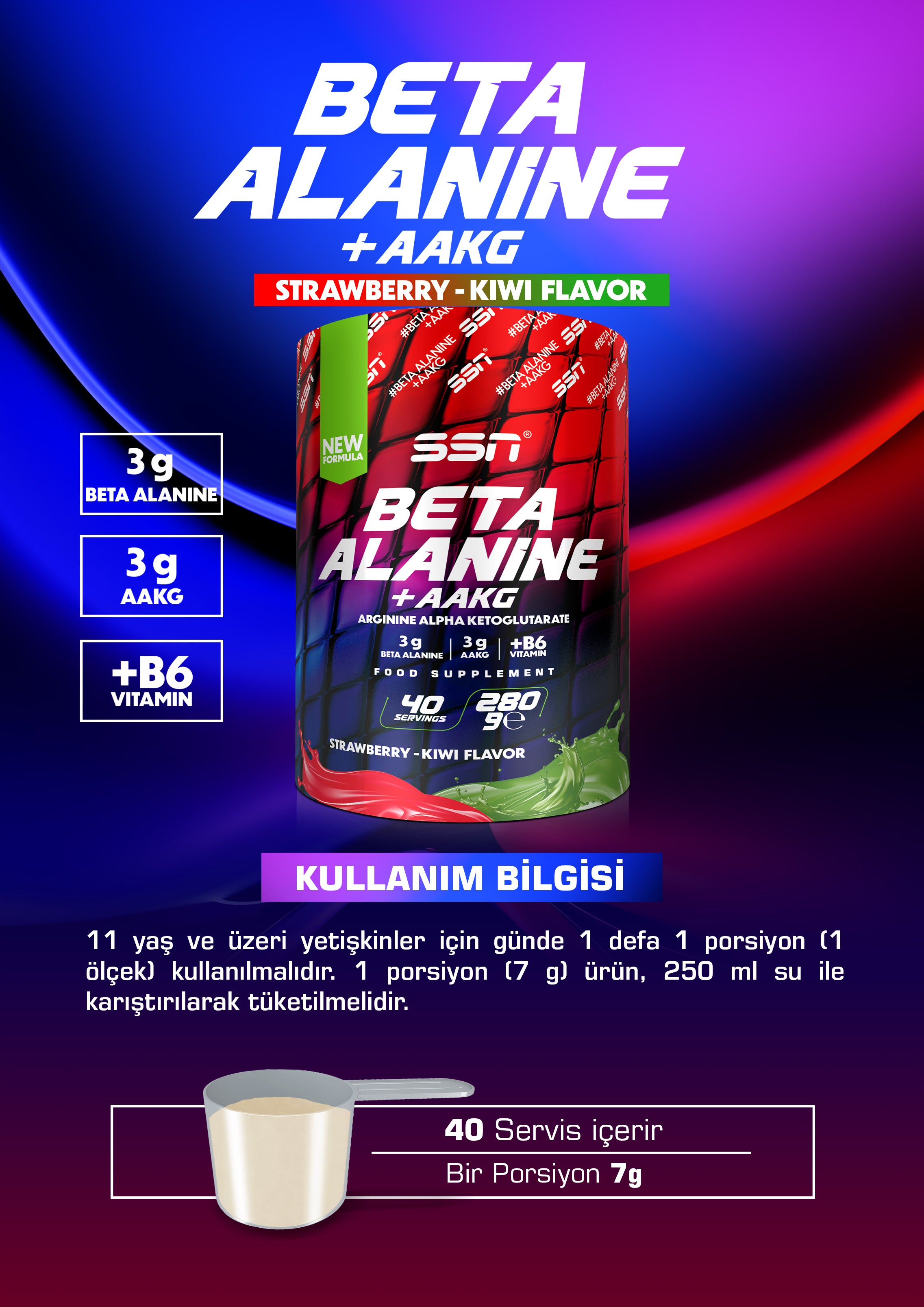 SSN BETA ALANIN REFUEL + AAKG Çilek- Kivi Aromalı Takviye Edici Gıda 280 gram