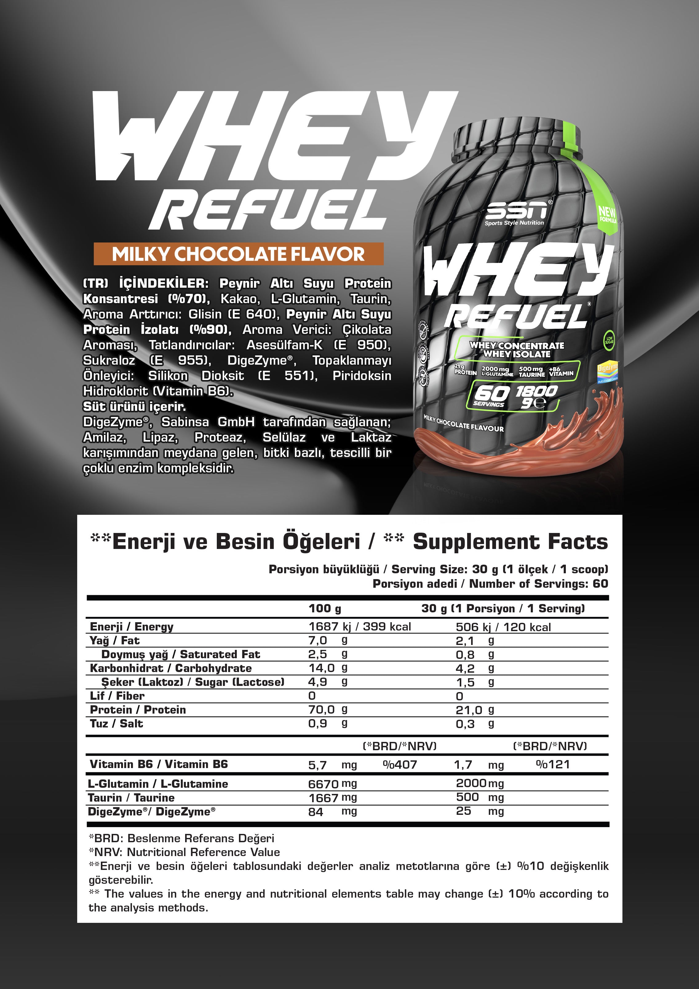 SSN Whey Refuel 1800g - Çikolata Aromalı Protein Tozu