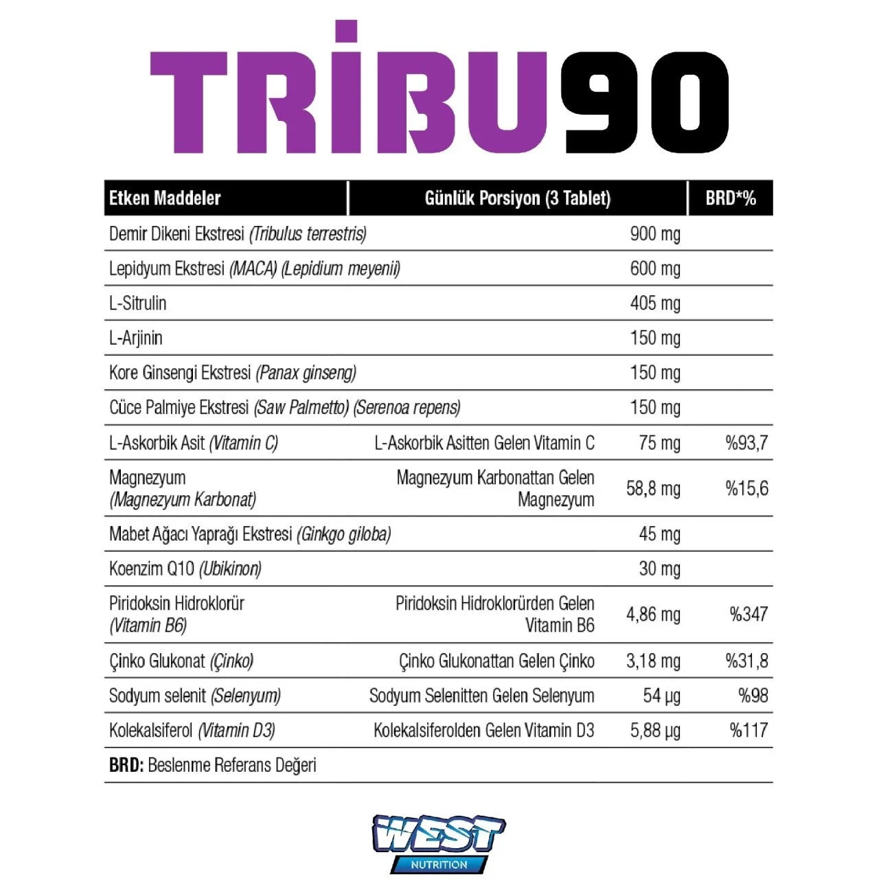 West Demir Dikeni Ekstresi - Tribu90 Erkeklere Özel Tribulus & Lepidyum(Maca) Ekstresi 90 Tablet